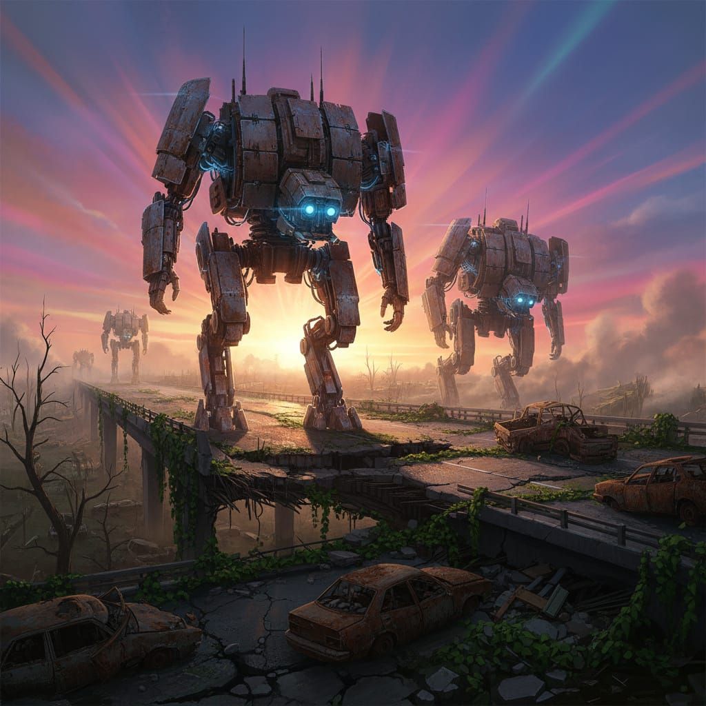 Mechanized Walkers on Ruined Highway at Sunset