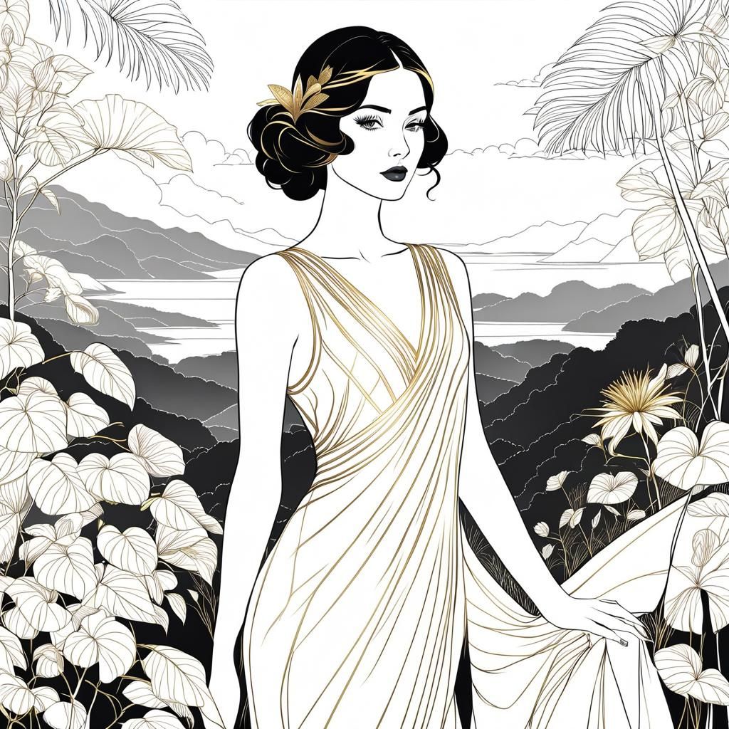 Golden Girl in 1920s Costume, Line Art Portrait