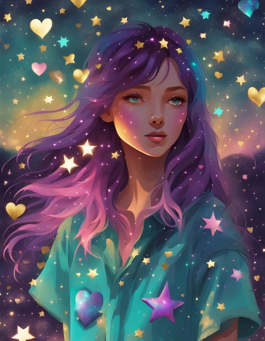 Stardust Haired Woman with Hearts and Stars