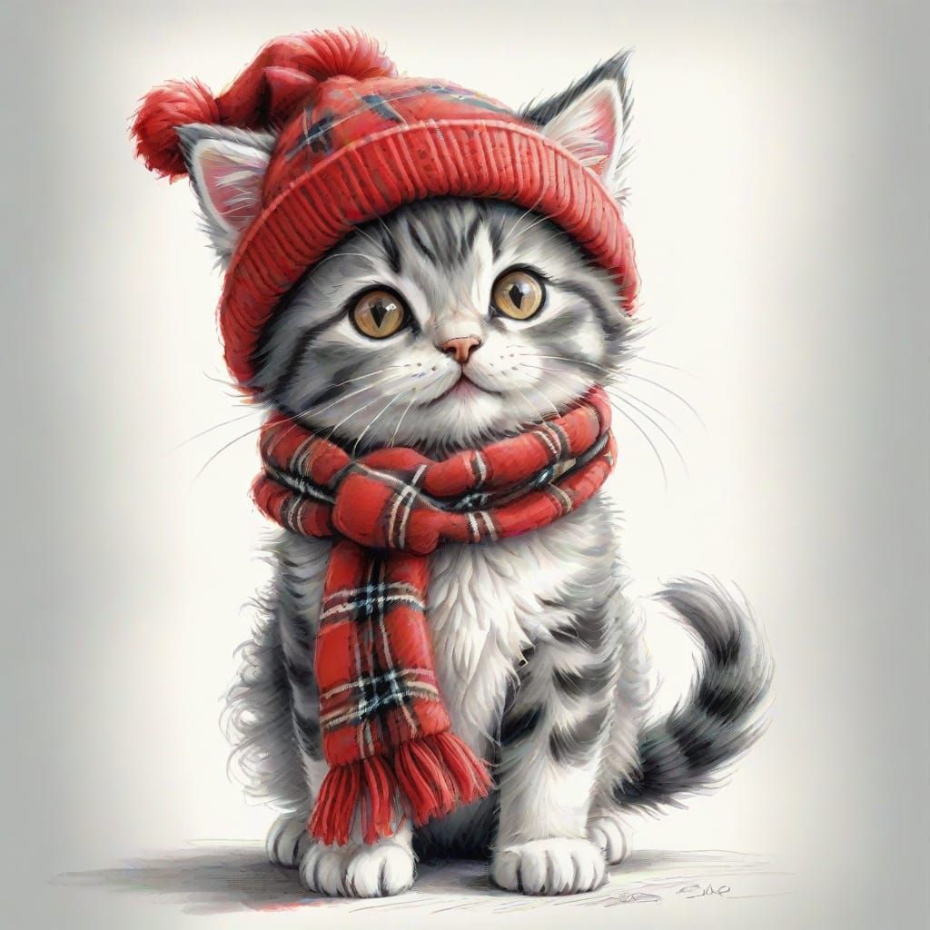 Fluffy Kitten with a red knitted hat and red plaid scarf