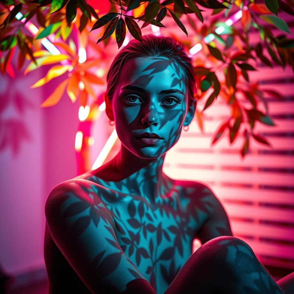 Surreal Portrait of a Young Woman in Neon-Lit Whimsy