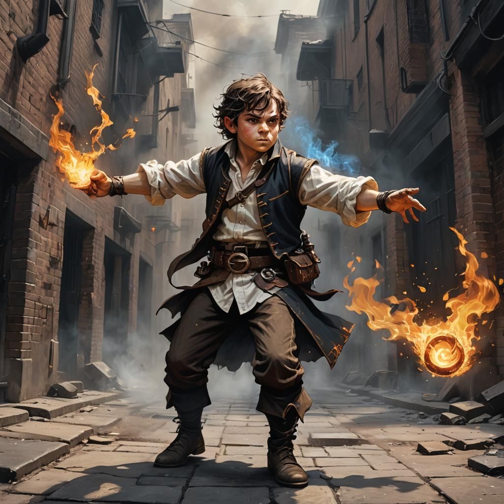 Halfling Sorcerer Casting Fire Spell in Dark Alley