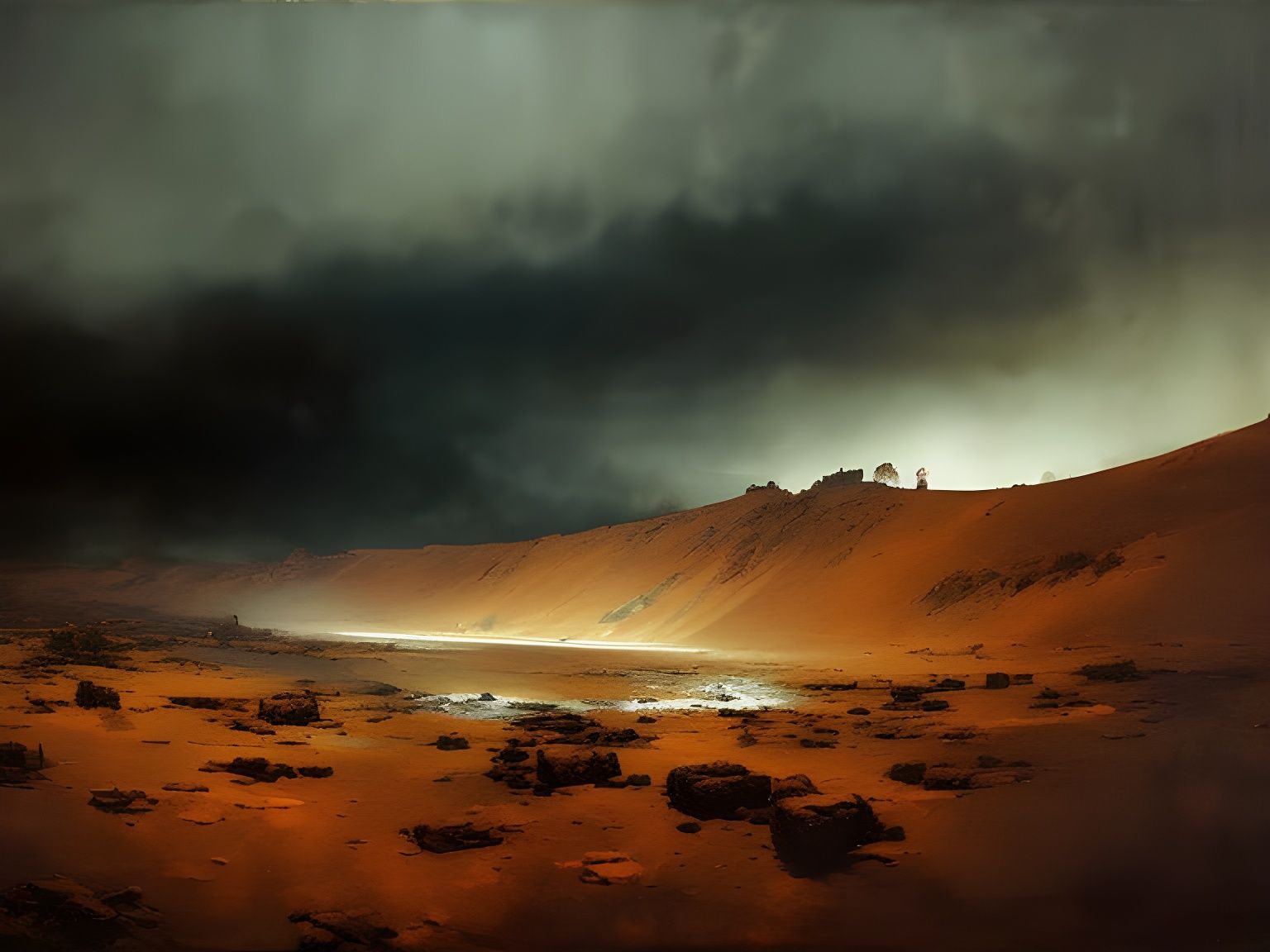 Shipwreck on Red Dunes in Ominous Light