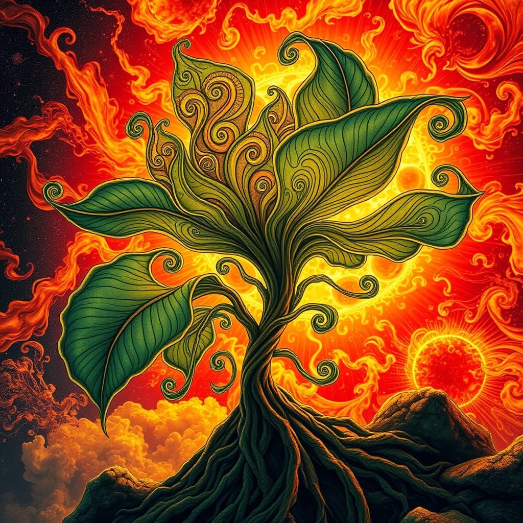 Verdant Plant Reaching Through Cosmos in Zentangle Style