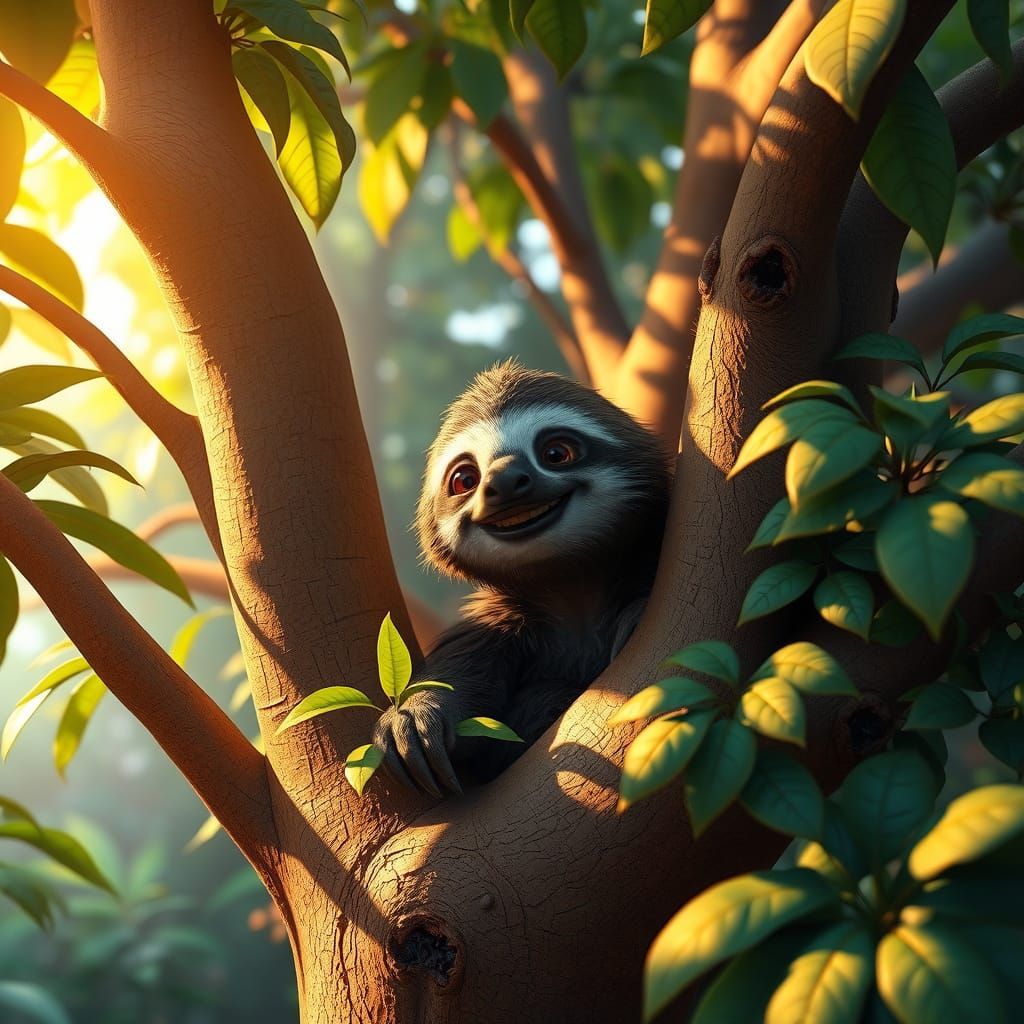 Smiling Sloth in Jungle Canopy: 3D Rendered Scene