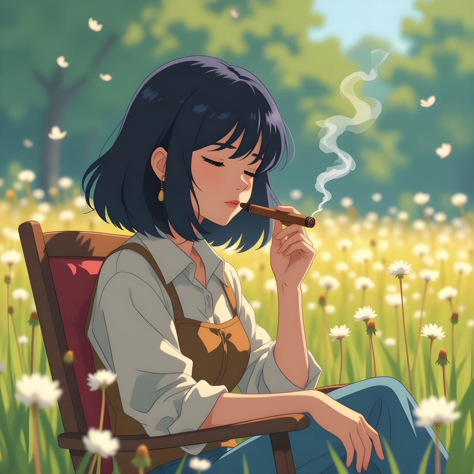 Sad Woman in Dandelion Field with Cigar, Anime Style