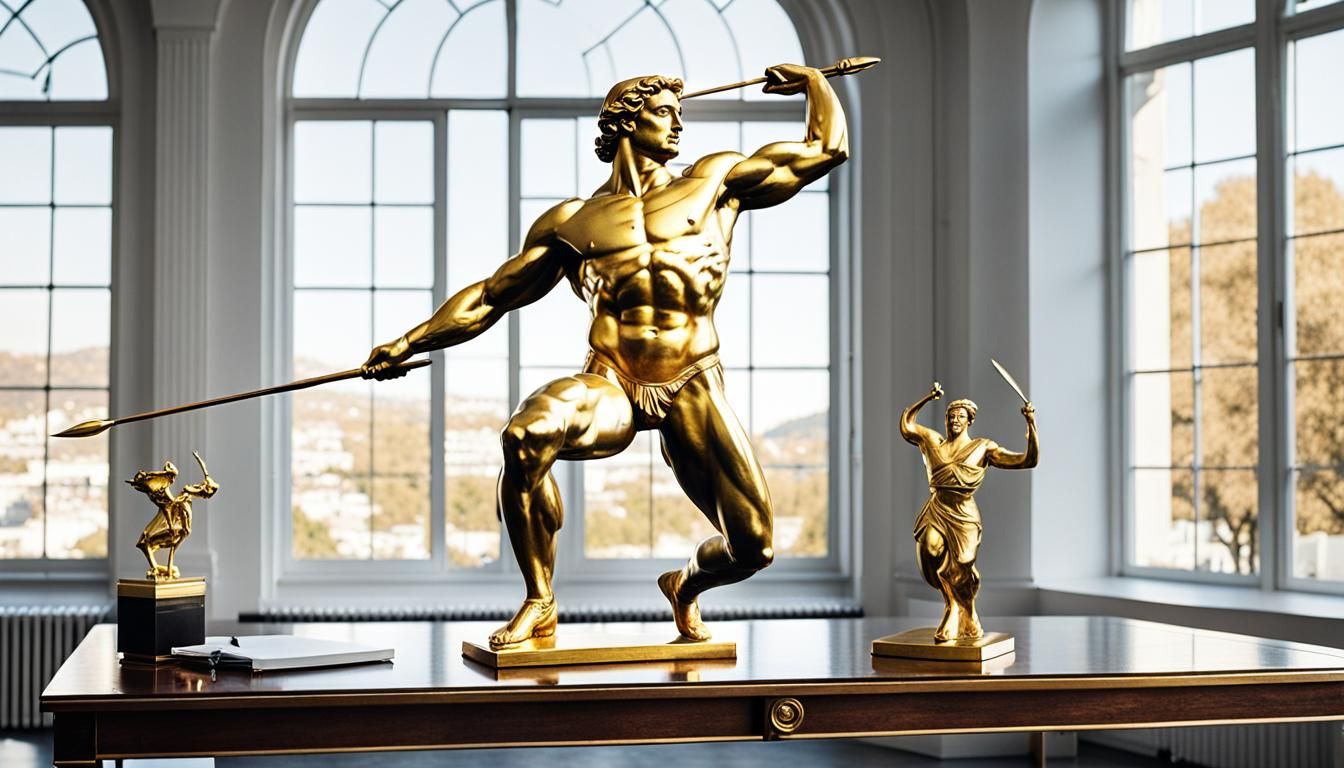 Gold Greek God Statue Throwing Javelin