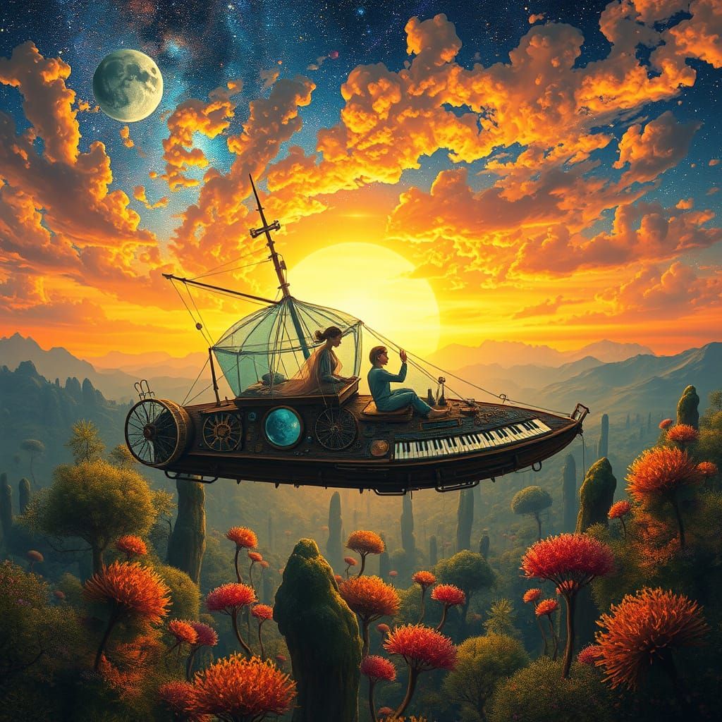 Surreal Spaceship Sails Through Glass Galaxy Amidst Sunset