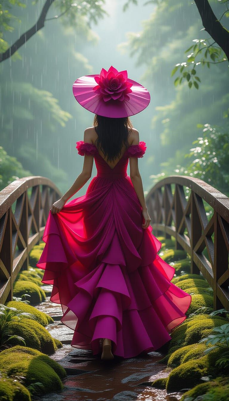 Woman in Fuchsia Dress Walking Across Forest Bridge