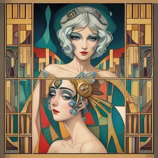 Art Deco Fractal Faces Landscape in Cubist Style