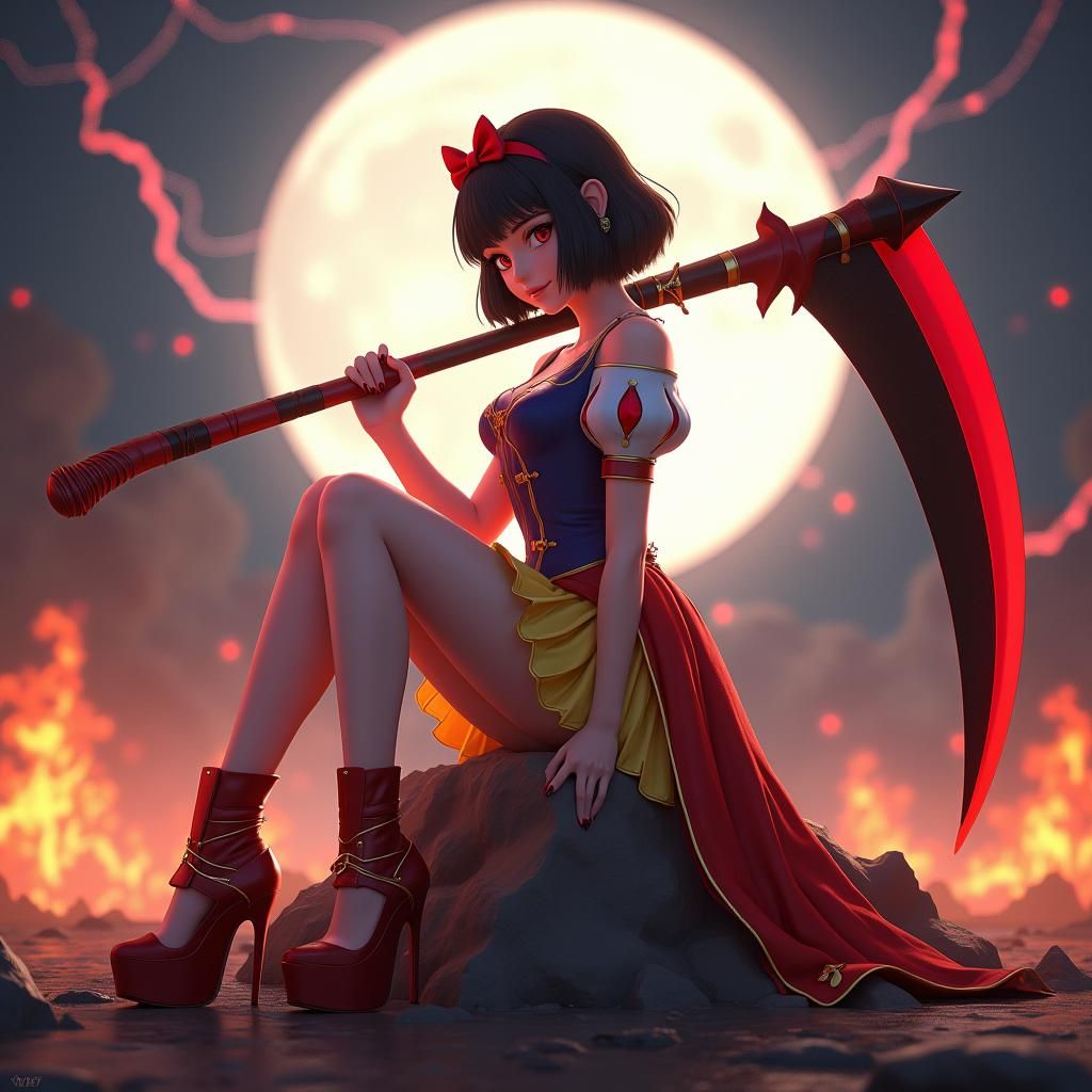 Snow White as Anime Reaper in Fiery Landscape