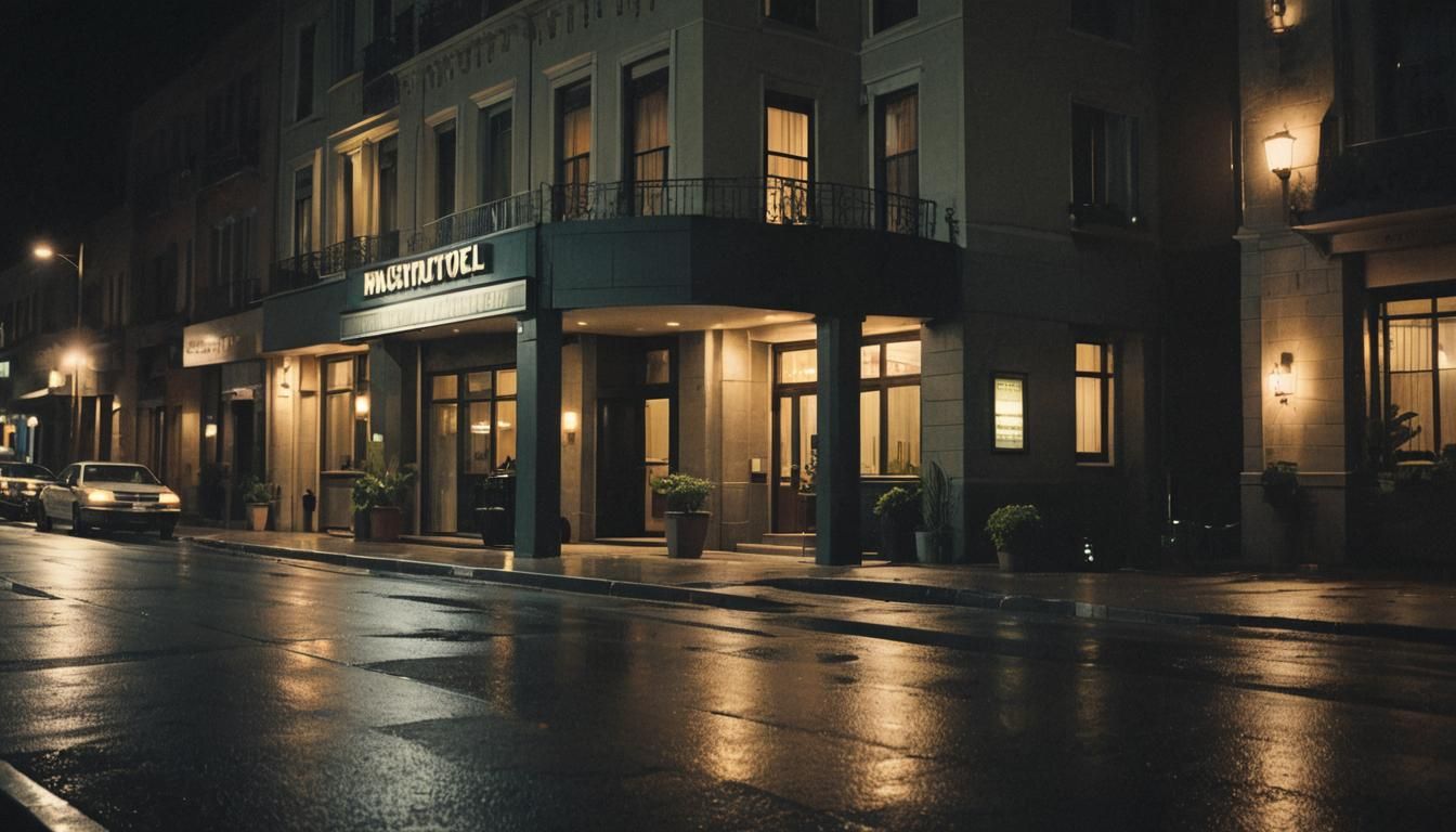 Hotel Exterior at Night in Cinematic Style
