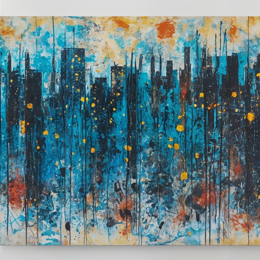 Abstract Cityscape in Vibrant Oil and Mixed Media
