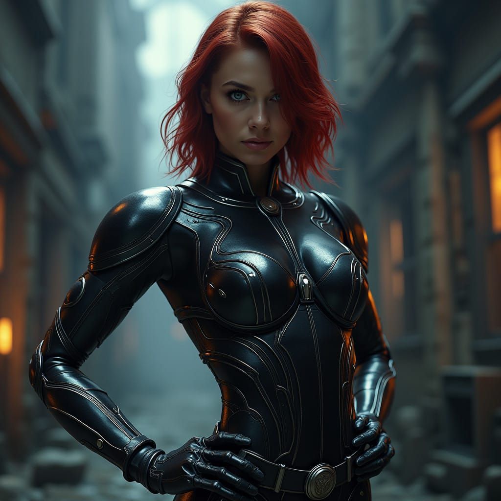 Glossy Futuristic Black Widow Heroine in Metallic Armor