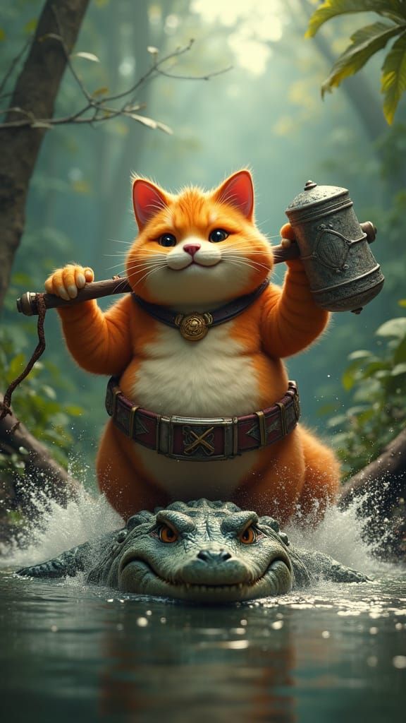 Heroic Cartoon Cat Conquers Crocodile