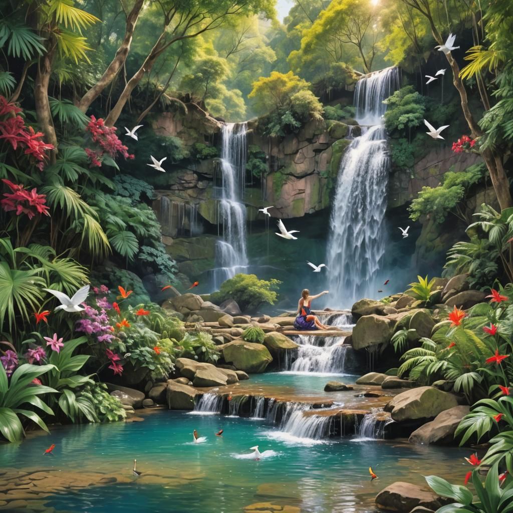 Secluded Waterfall with Swimmer and Birds