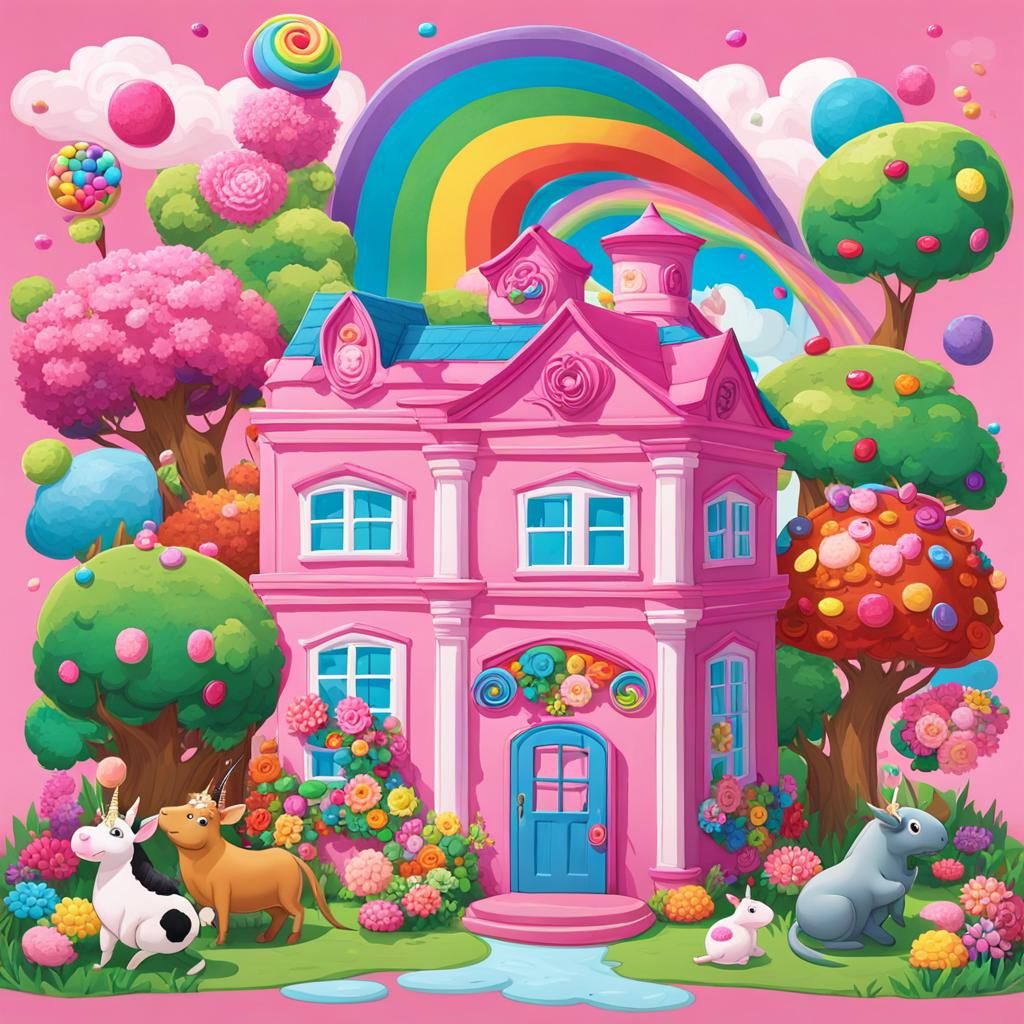 Pink House, Rainbow Flowers, and Unicorns: A Whimsical Scene