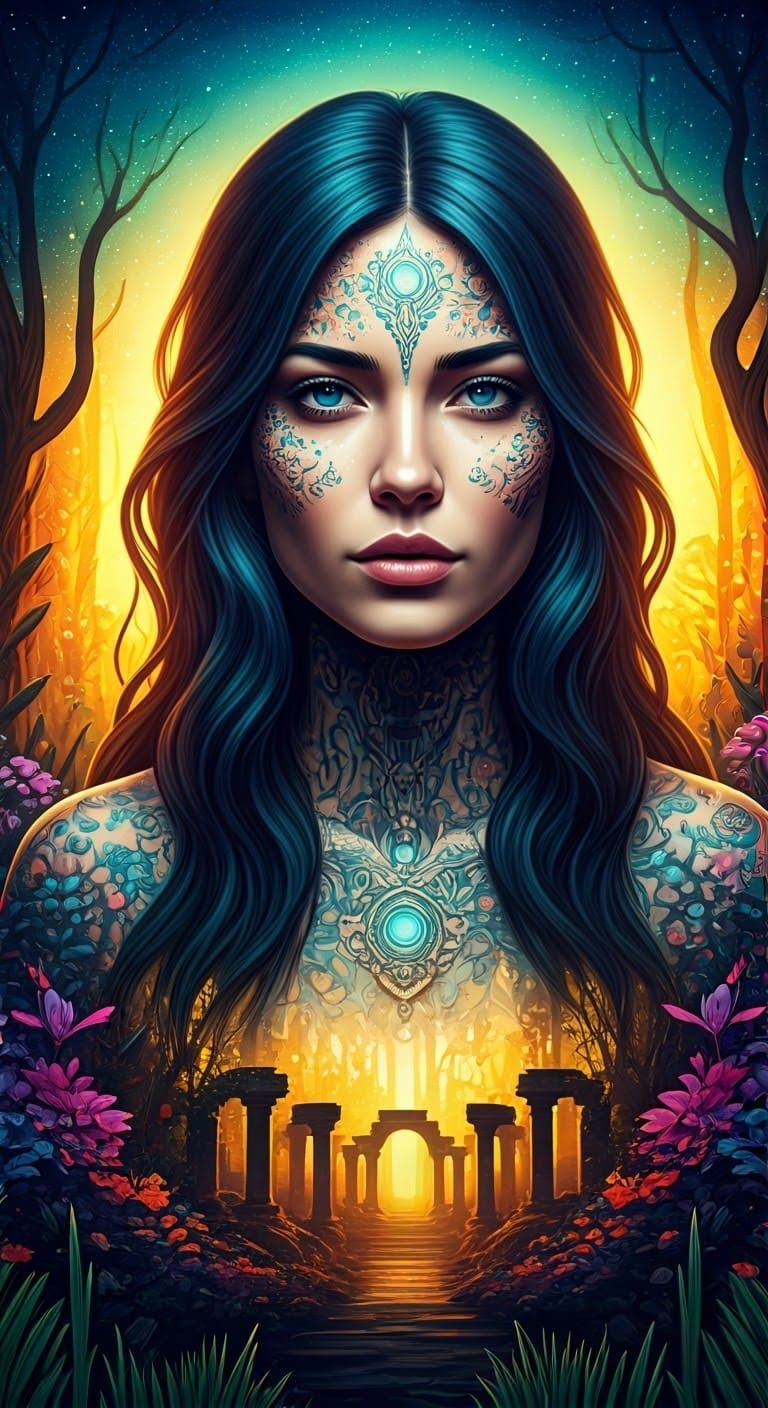 Mystical Woman Double Exposure in Alien Landscape