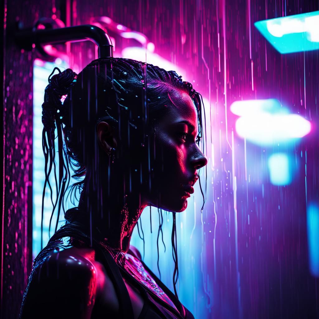 Cyberpunk Girl in Neon Silhouette: Hyperrealistic HDR