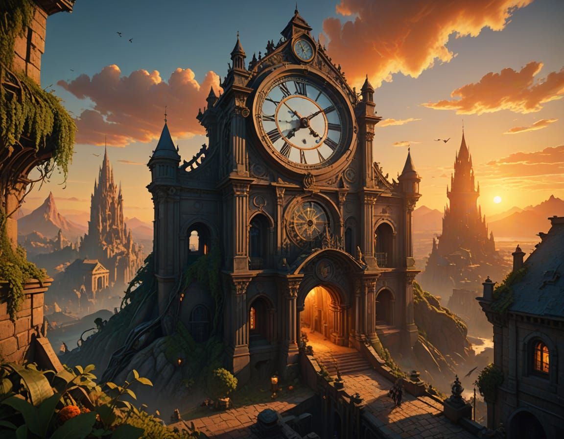 Epic Post-Apocalyptic Clock Tower in Vibrant, Detailed Citys...