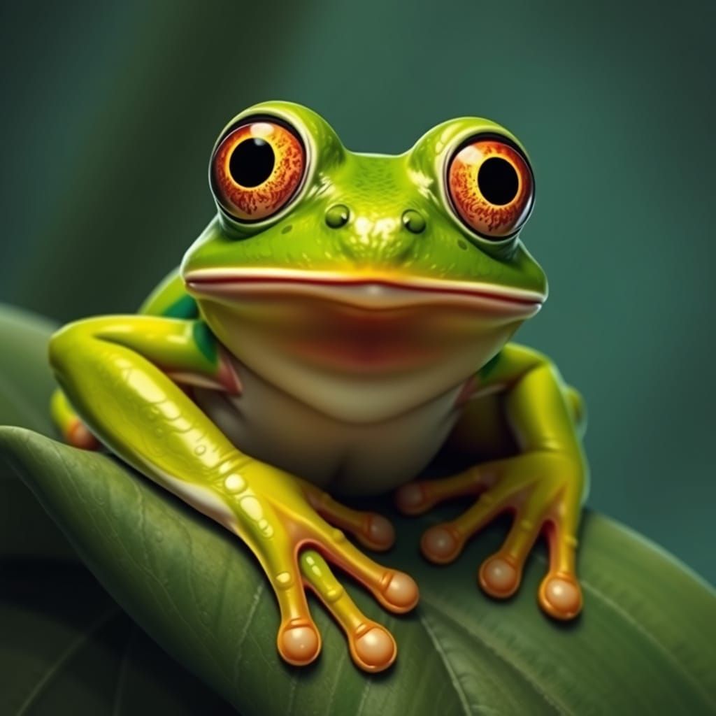 Startled Green Frog on Leaf: Detailed Digital Art