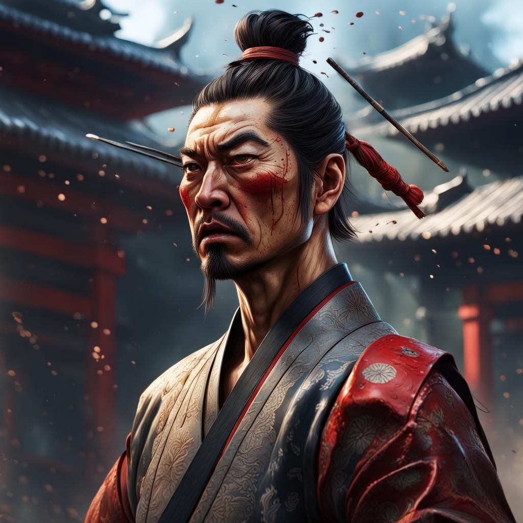 Dramatic Samurai Fight in Hyperrealistic Style