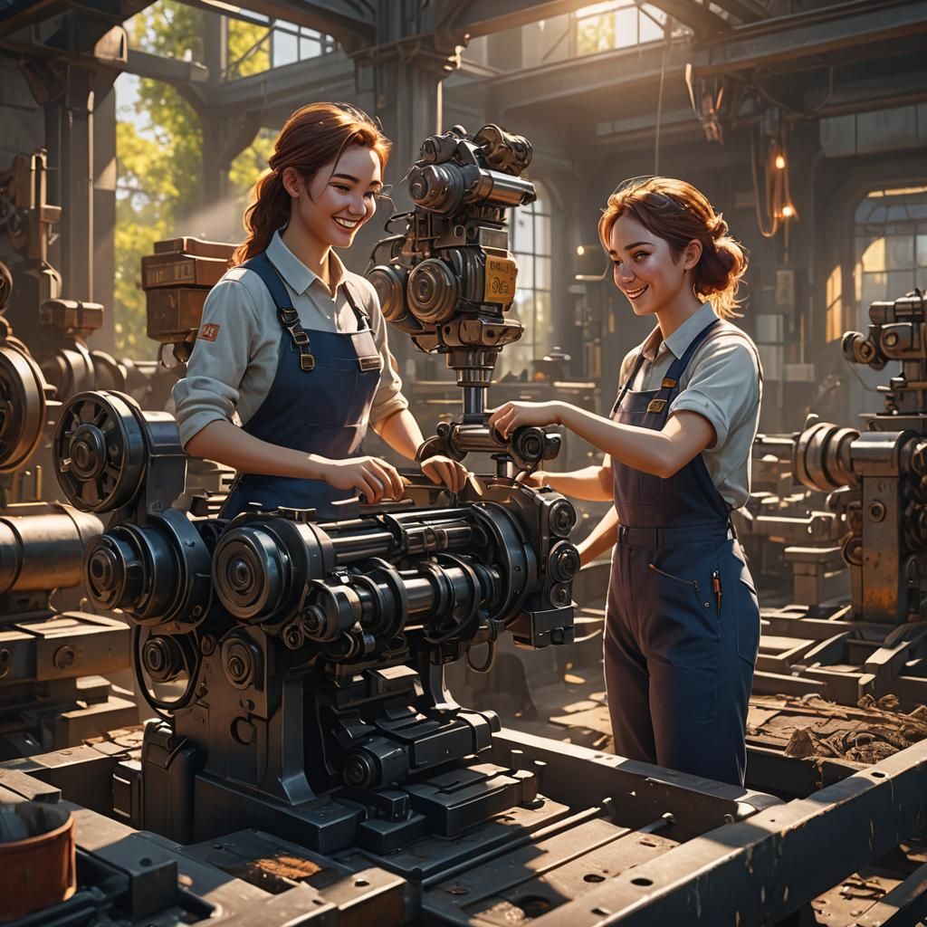Cheerful Girls Working on Machine in Sunlight