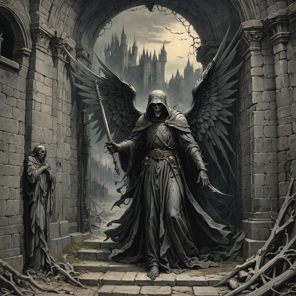 Angel of Death at Castle Gates: Horror Art