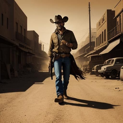 Lone Cowboy Gunfight in Golden Hour, Oil Painting