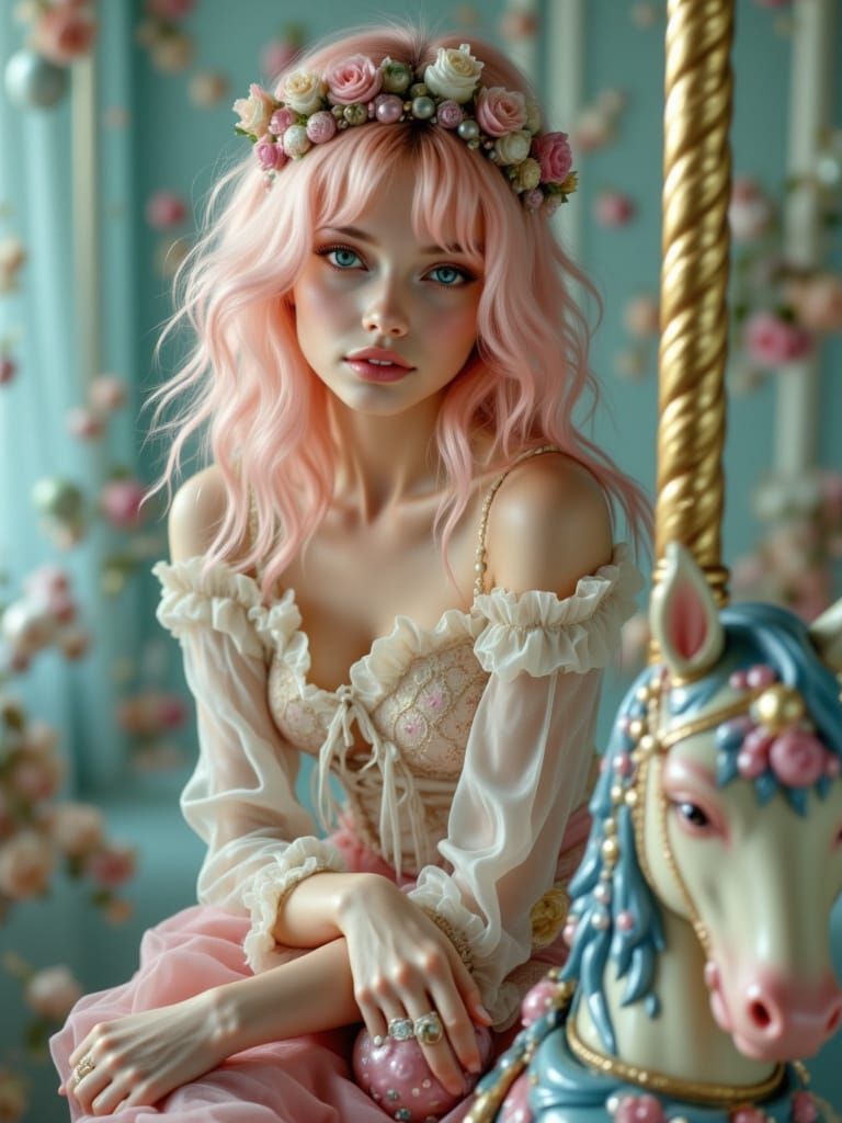 Surreal Woman with Carousel Headpiece in Dreamcore Style