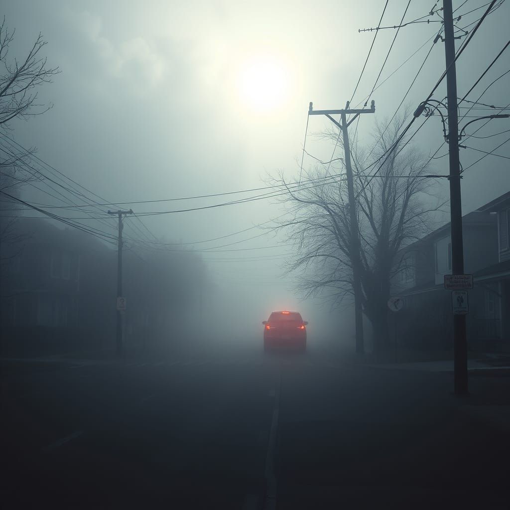 Eerie Fog in Suburban Streets: Haunting Surrealism