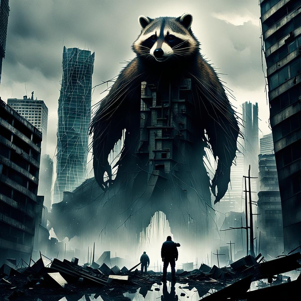 Giant Raccoon Devouring Skyscraper in Post-Apocalyptic City