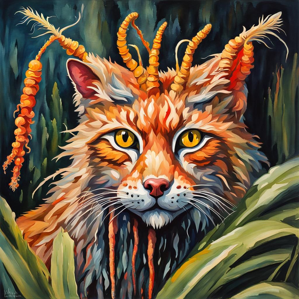 Lynx and Cordyceps in Gouache Impressionist Style