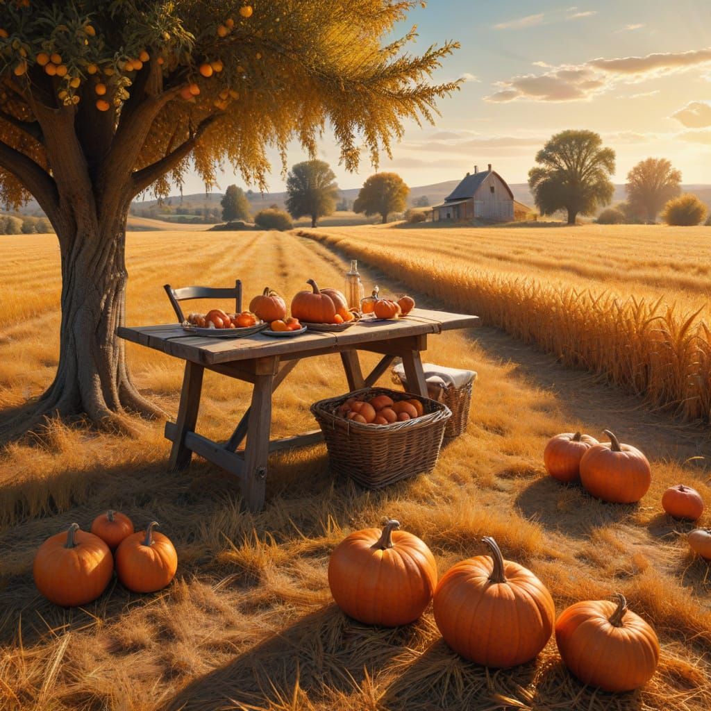 Autumn Harvest Scene in Golden Wheat Field