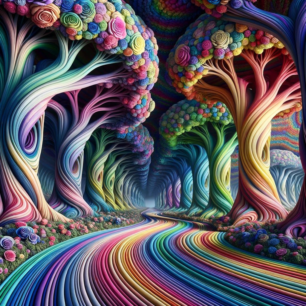 Surreal Rainbow Pathway in a Dreamlike Landscape