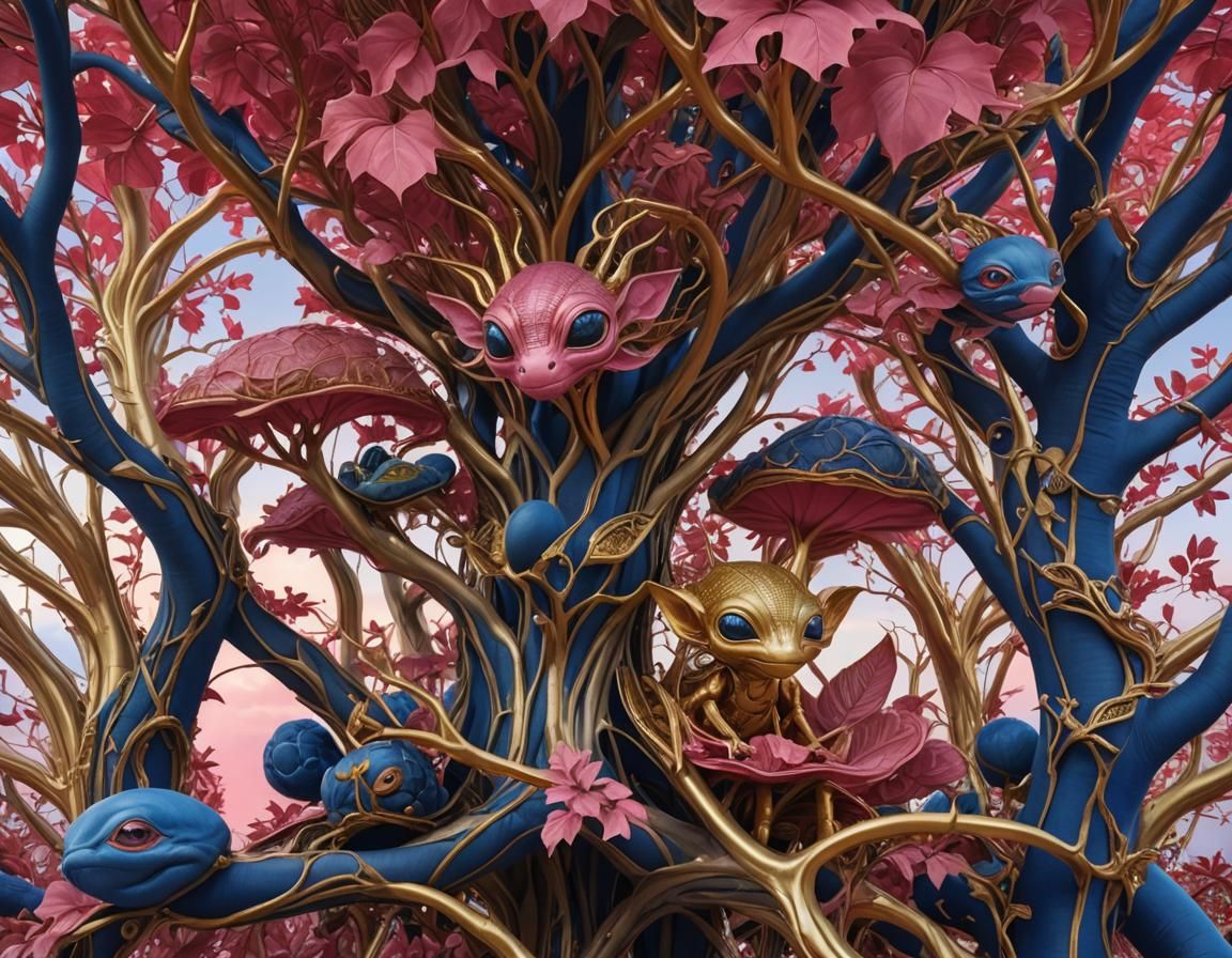 Alien Creatures in Blue Pavilions Under Cloudy Sky