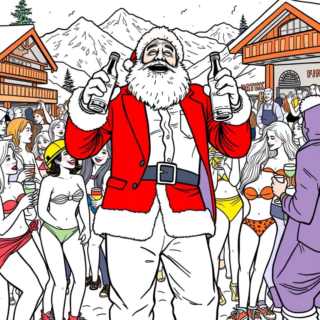 Santa Claus at Après Ski Party in Line Art Style