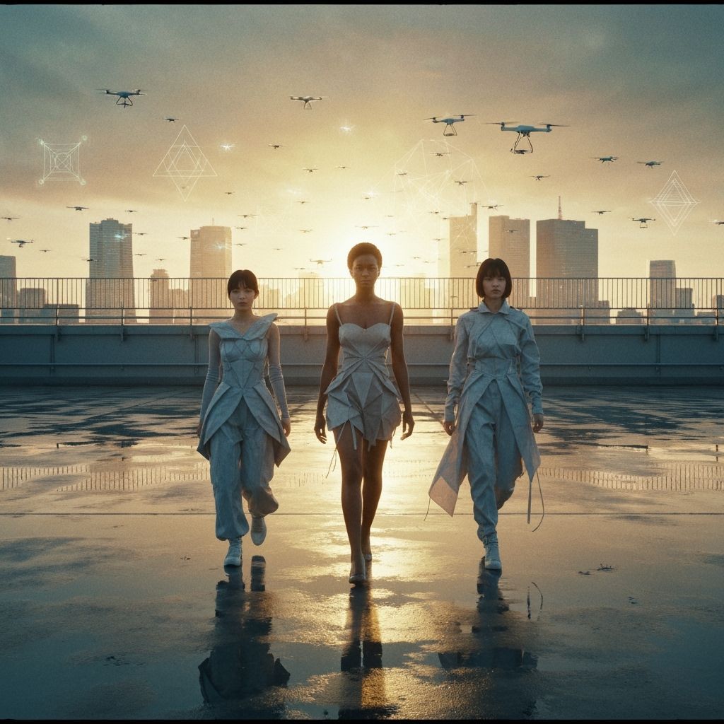 Dystopian Streetwear on Shibuya Rooftop at Dawn