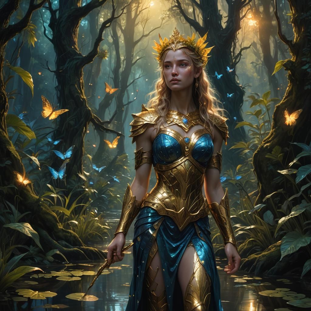 Aphrodite Steps Through Swamp Forest as Oil Painting