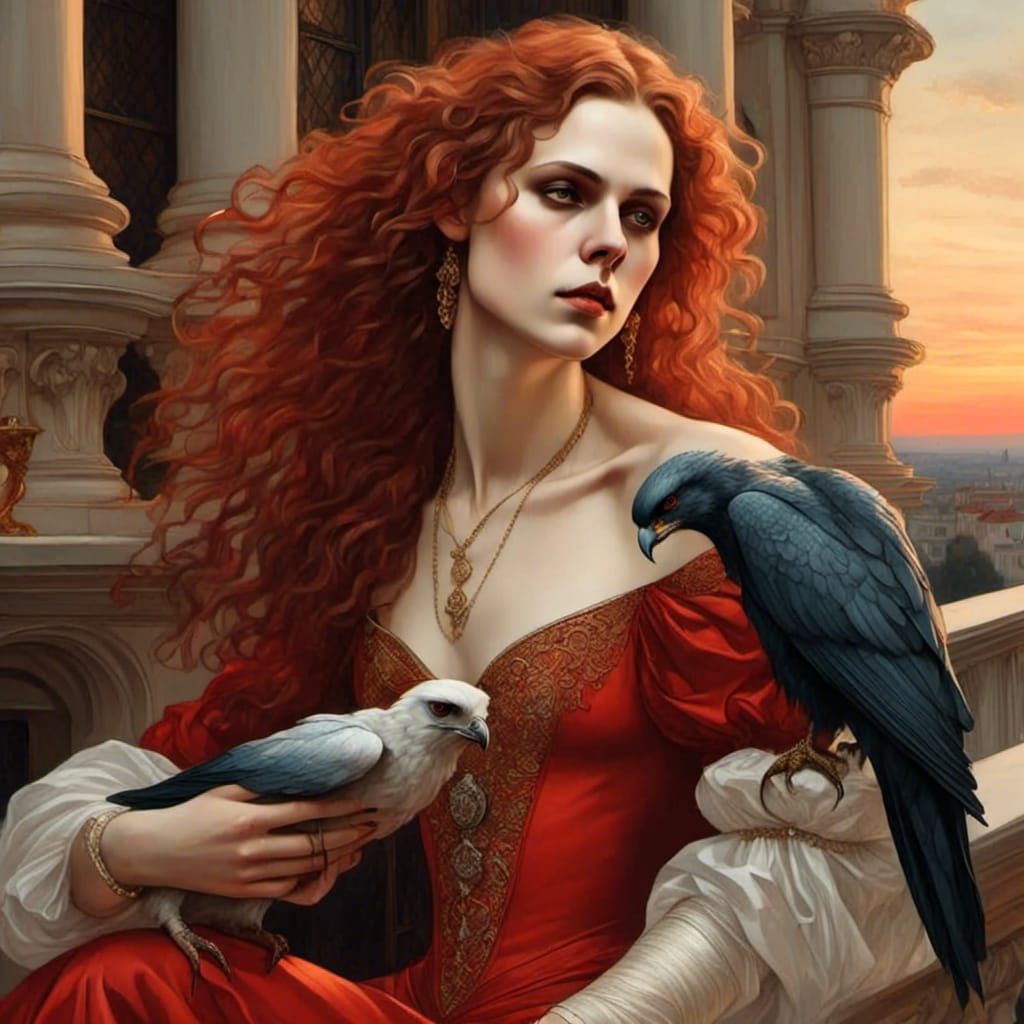 Red-Haired Girl with Falcon at Golden Hour