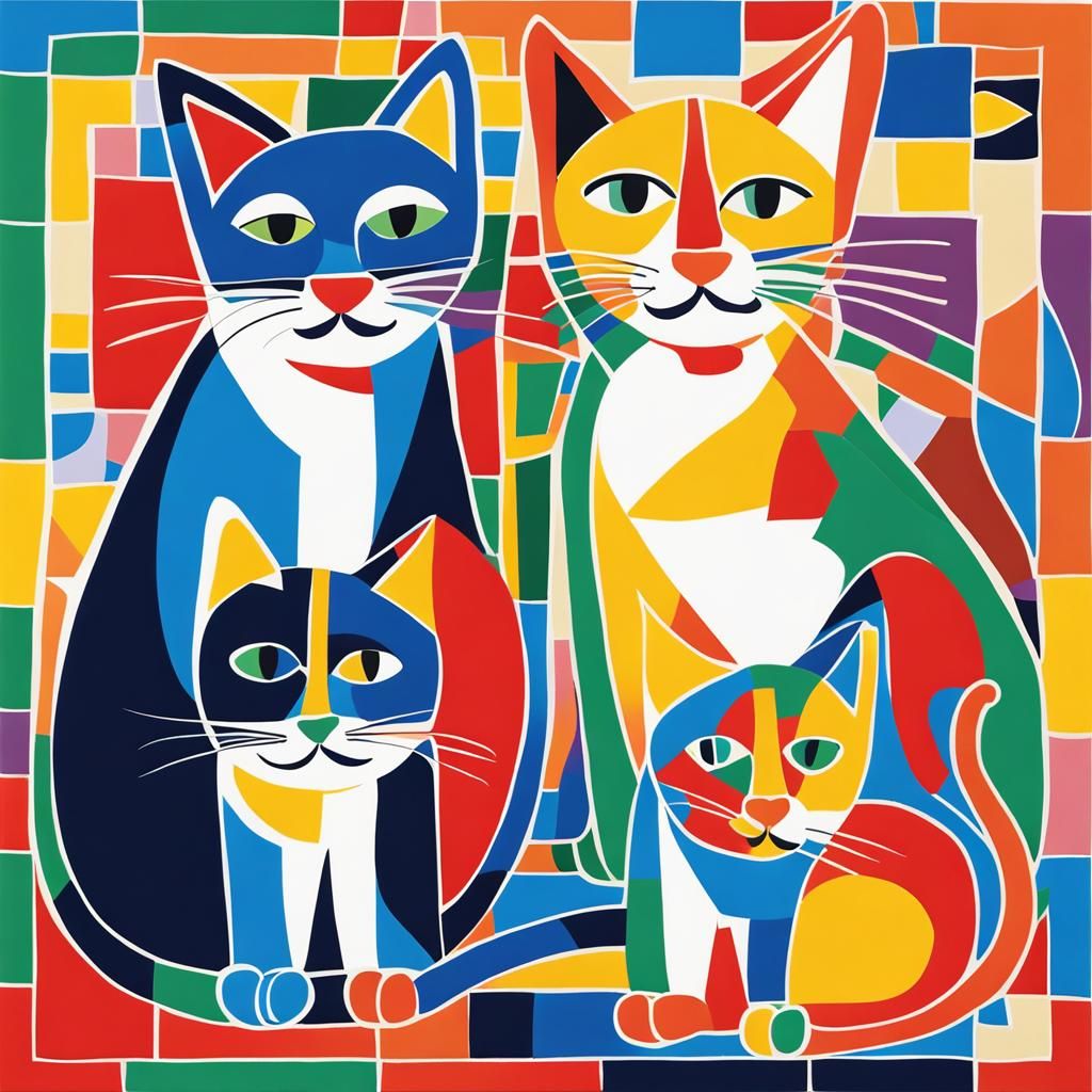 Colorful Cubist Cats in Style of Henri Matisse