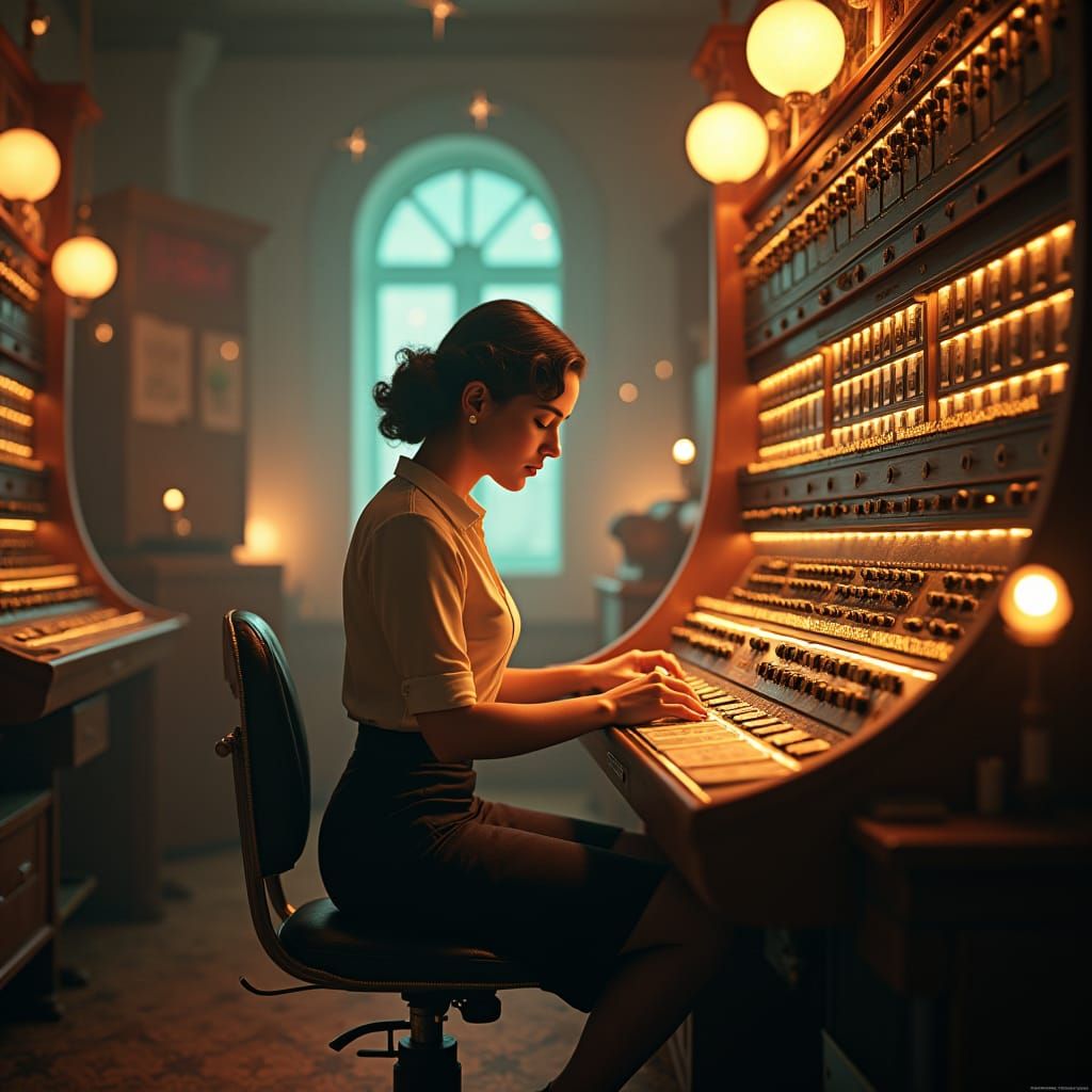 Telephone Operator Connecting to Cosmos in Retro Style
