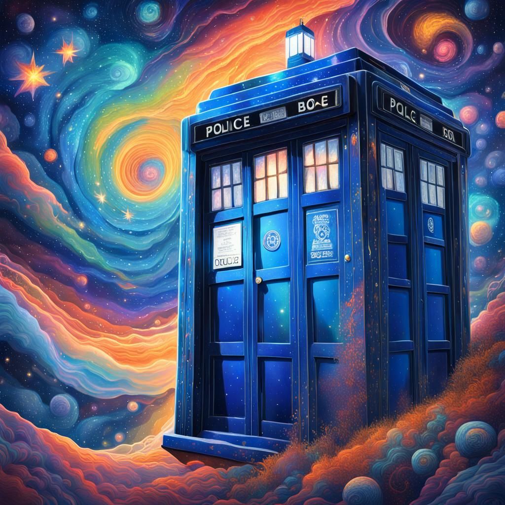 Blue Police Box in Cosmic Astral Dreamscape