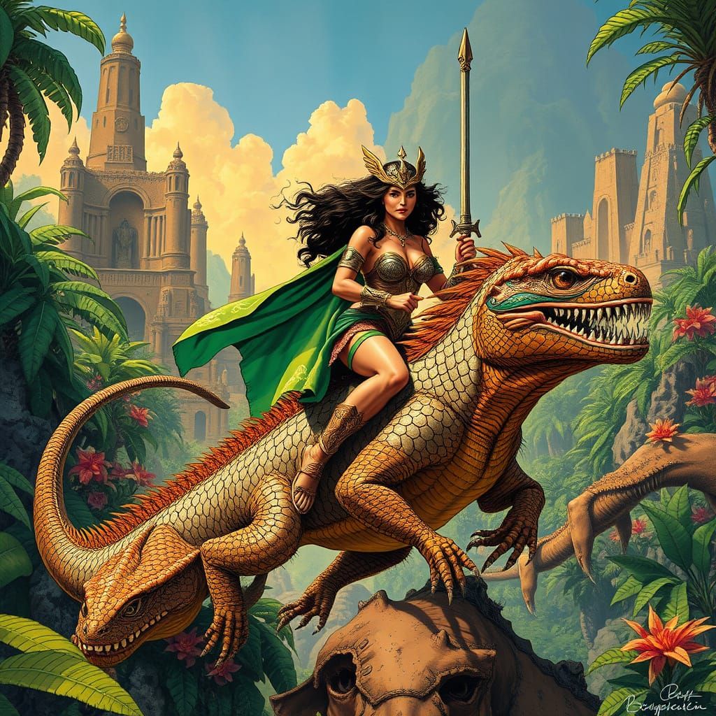 Amazon Warriors Ride Majestic Lizards Through Jungle Ruins