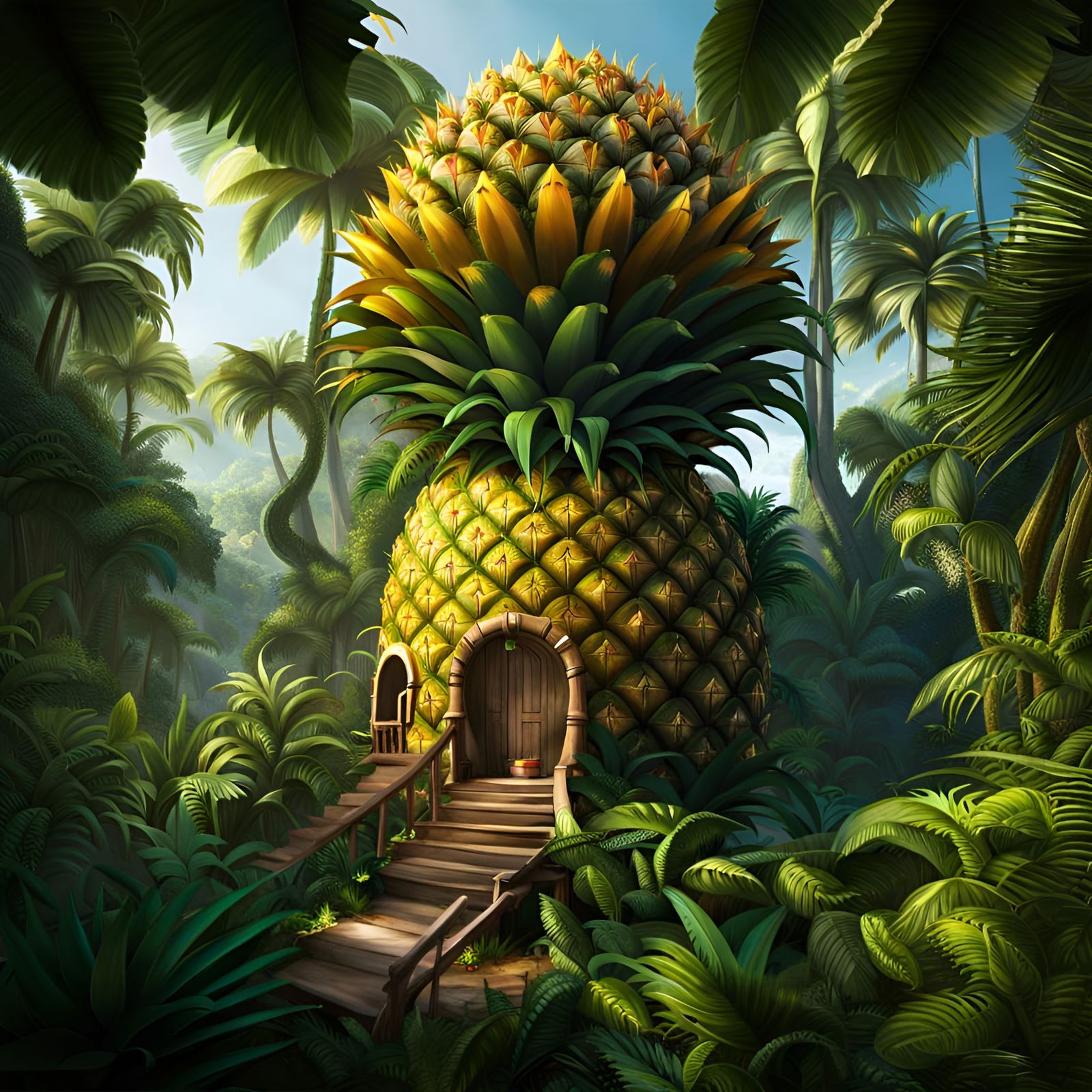 Elven Pineapple Treehouse in Detailed Jungle Forest