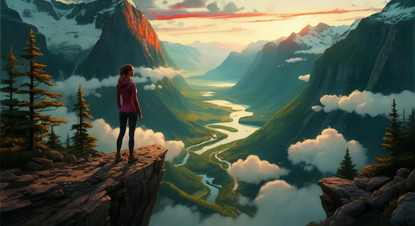 Woman on Cliff's Edge, Gazing Out at Serene Valley Landscape