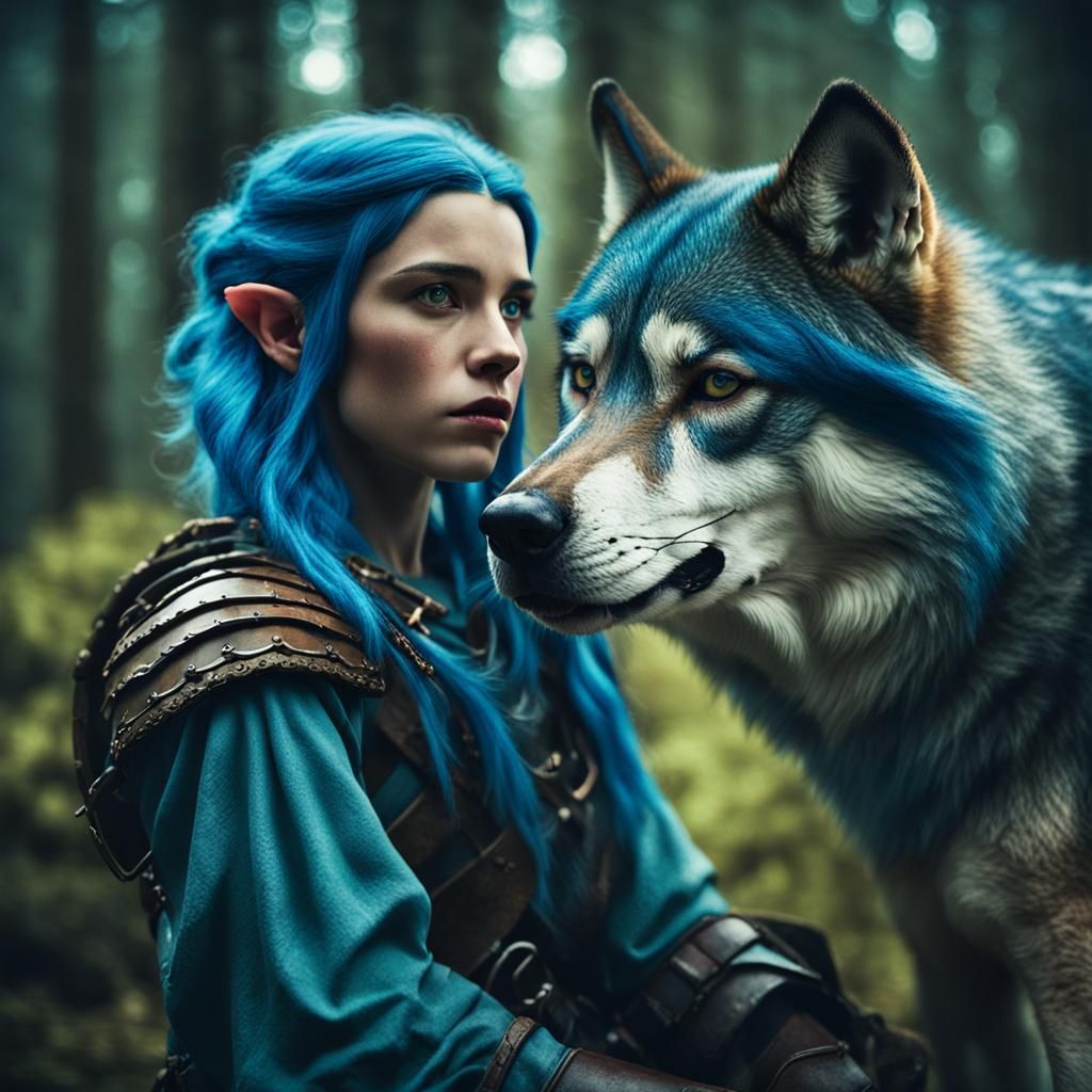 Half-Elf Ranger and Wolf Companion in Cinematic Style