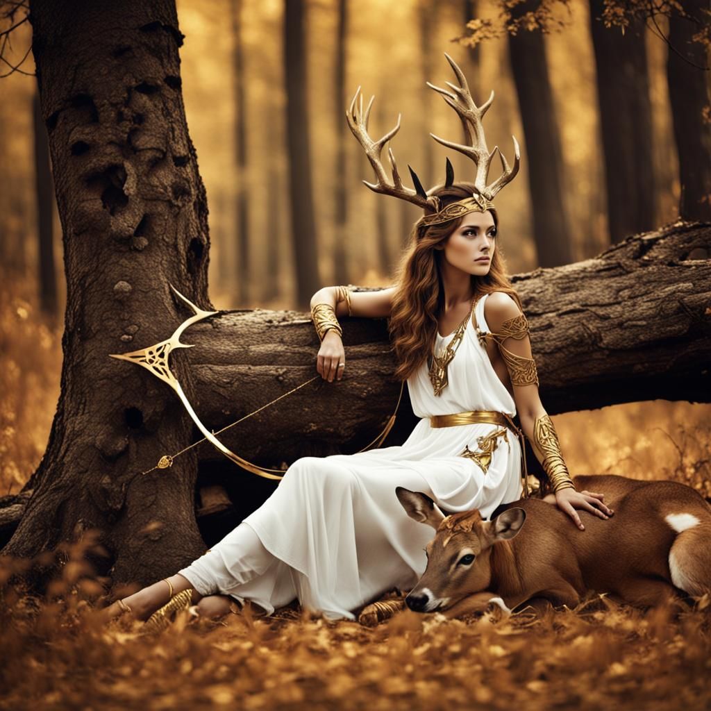Greek Goddess Hunter Resting in Forest, Photographic Style