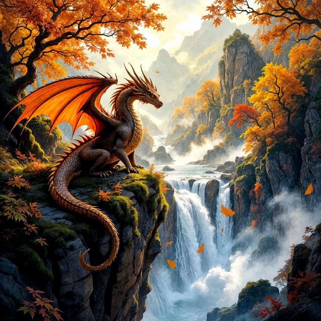 Majestic Dragon on Cliff in Autumnal Fantasy Art