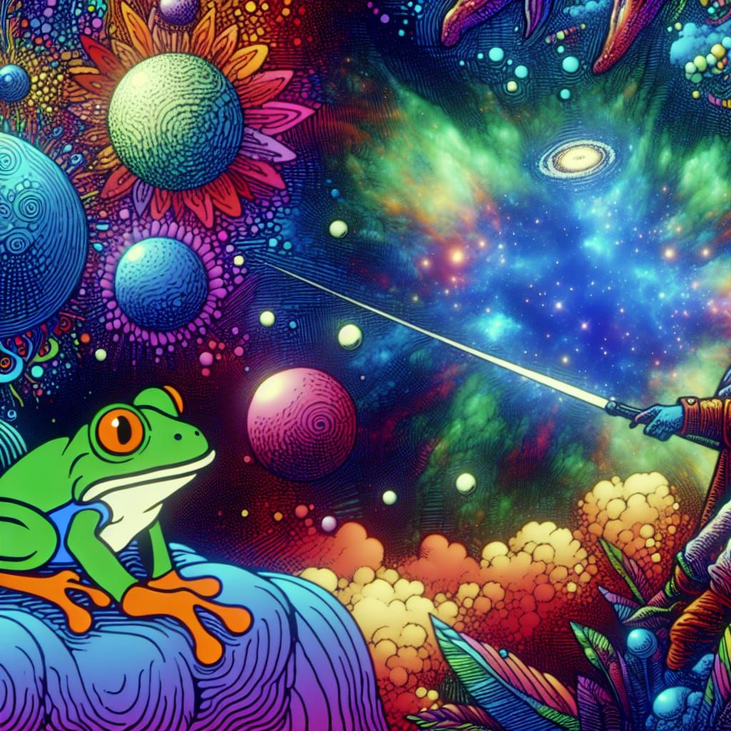 Cartoon Frog Probed by Alien in Psychedelic Comic Art